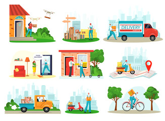 Delivery service, courier delivering box, shipping packages, freight logistic business icons flat set isolated vector illustration. Deliverman on bike, express truck, bicycle, postman and shipmen.