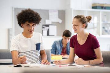 Teen students studying together at school
