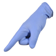 Hand in blue glove, index finger pointing down.