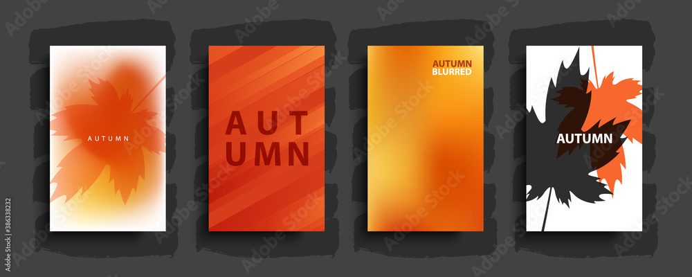 Poster autumn backgrounds set with modern abstract blurred gradient patterns and maple leafs. templates col