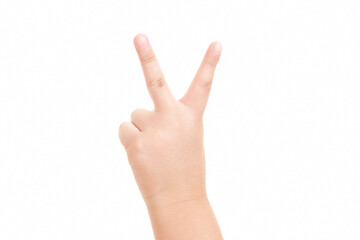 Boy's hand showing the sign of victory and peace close-up isolated on white background.