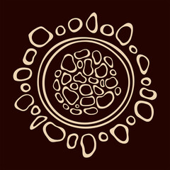 Stylized sun. Australian art. Aboriginal painting style. Smooth round shapes, circles isolated on dark background. Doodle sketch style. Minimalistic graphic print. Vector color illustration.