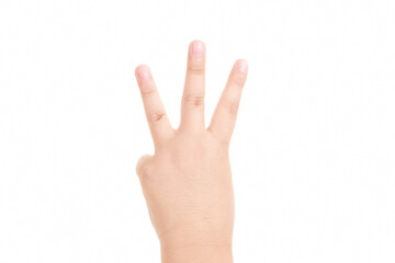 Boy hand show three finger symbol on isolated white background for graphic designer.