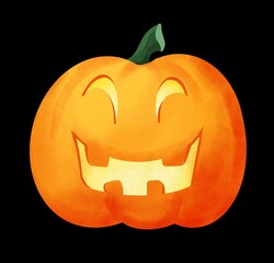 Digital illustration of funny Jack O Lantern Halloween character. Cute laughing pumpkin design