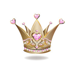 Beautiful golden princess crown with pearls and jewels. Vector illustration on white background.