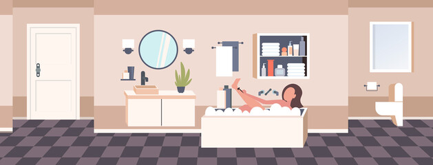 beautiful woman shaving legs with razor in bath body care hair removal epilation concept modern bathroom interior horizontal full length vector illustration