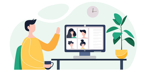 
laptop concept with illustration of a group of people participating in a video conference with an application, video calls of men and women together. vector illustration in flat style