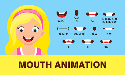 Girl mouth animation with different expressions in flat style vector illustration set. Lip sync sound pronounciation and phoneme mouth talk expression character chart. - obrazy, fototapety, plakaty