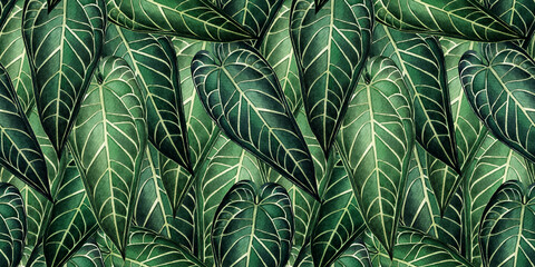 Naklejka na ściany i meble Watercolor painting big green leaves seamless pattern background.Watercolor elephant ear leaf,illustration tropical exotic leaf for wallpaper vintage,textile Hawaii aloha summer style.