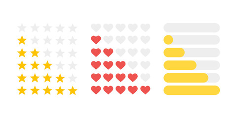 Product rating or customer review with stars, heart and line slider. Vector flat illustrations.
