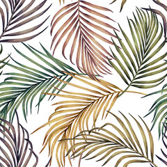 Watercolor painting colorful tropical green,pink leaves seamless pattern background.Watercolor hand drawn illustration tropical exotic leaf prints for wallpaper,textile Hawaii aloha summer style. © nongnuch_l