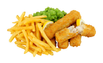 Breadcrumb coated fish finger sticks and French fries meal with mushy peas isolated on a white background