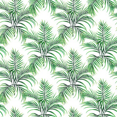 Fototapeta na wymiar Watercolor painting palm green coconut leaves seamless pattern background.Watercolor hand drawn illustration tropical exotic leaf prints for wallpaper,textile Hawaii aloha summer style.