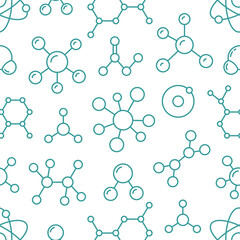 Fototapeta na wymiar Molecule background, abstract science seamless pattern. Medical, chemistry wallpaper with atom line icons. Scientific research vector illustration, blue white color