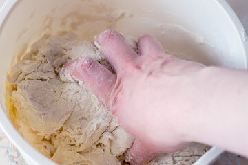 Kneading the dough with your hands. Hold the dough in your hands, knead, make buns