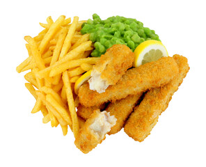 Breadcrumb coated fish finger sticks and French fries meal with mushy peas isolated on a white background