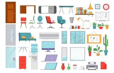Office objects flat icons vector illustrations collection of isolated computers, laptops, business workflow items and elements, office workspace desks and equipment, documents and interior objects.