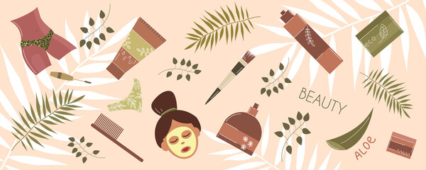 Beauty Routine. Face and body care. Cosmetic items.. Eco cosmetics in flat hand drawn style. All elements are isolated. Vector stock illustration.