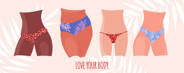 Various Female Figures Of Different Nationalities In Panties. Bodypositive concept. Vector stock illustration.