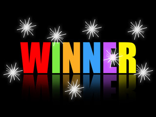 Winner, happy colorful word with bright sparkles on black background