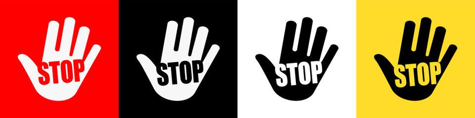 Stop with hand alert on a red background - obrazy, fototapety, plakaty