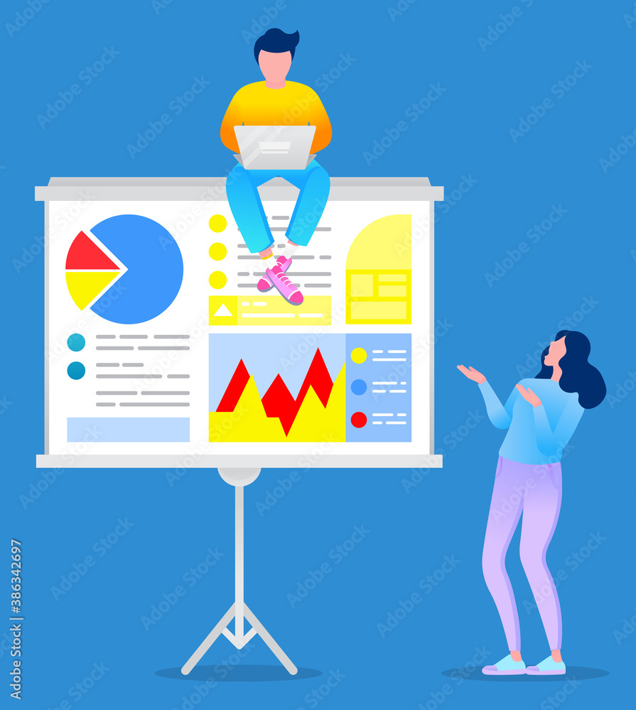 Poster man sitting with laptop on board with important company information on it. woman stand near statisti