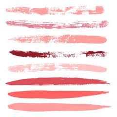 Makeup strokes, Set of lipstick swatches, Beauty and cosmetic nude, pink and red brush smudges vector background. smear make up lines collection, liquid make up texture isolated on white.