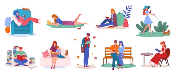 Set of people reading books isolated vector illustrations. People flat character with textbooks, magazines, newspapers on sofa or at table. Education and knowledge concept, study collection.