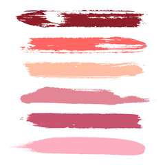 Makeup strokes, Set of lipstick swatches, Beauty and cosmetic nude, pink and red brush smudges vector background. smear make up lines collection, liquid make up texture isolated on white.