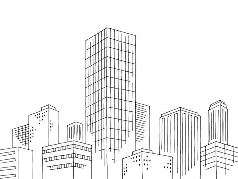 Tallest skyscraper tower building exterior in the city graphic black white sketch illustration vector