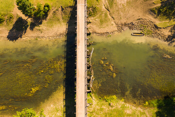 Aerial view of old wood bridge crossing Odra river at Odransko Polje, Croatia.