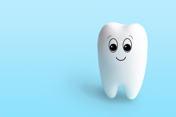 Fun toy white tooth isolated on light blue background with copy space. Oral hygiene concept for dentistry clinic. Beautiful medical card, cute character for poster, copy space.
