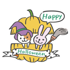 Obraz na płótnie Canvas Happy Halloween cat bunny in pumpkin cute cut out vector graphic illustration