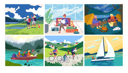 Tourism and travel set of banners vector illustration. People hiking, adventure travelling or camping trip. Men and women travelers in sea yacht vacation, bicycling, climbing mountain, backpacking.