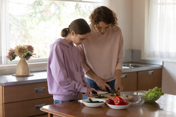 Obraz na płótnie Canvas Loving Caucasian mother teach teenage daughter cooking healthy food at home kitchen. Caring mom and teen girl child prepare salad for dinner lunch, cut fresh organic bio vegetables. Diet concept.