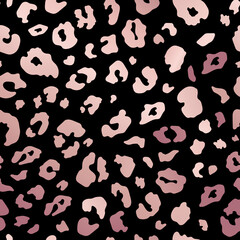 Vector Trendy shiny rose gold leopard abstract seamless pattern. Wild animal cheetah skin pink golden metallic texture on black background for fashion print design, textile, cover, wrap, wallpaper