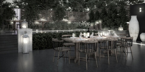 Ready for Dinner: Garden Restaurant - panoramic black and white 3d visualization