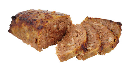 Baked beef and pork meatloaf isolated on a white background