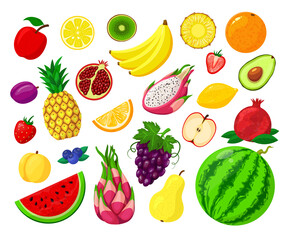 Sweet fruits isolated vector illustration set. Banana, pineapple, apple, mango and kiwi, grapefruit, peach, pear. Whole and pieces tropical vegetarian fruity collection. Healthy organic food.