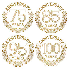 Set of golden anniversary emblems. Seventy fifth, eighty fifth, ninety fifth, hundredth years signs in vintage style.