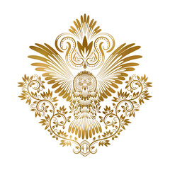 Patterned golden owl with outstretched wings. Ethnic coat of arms with owl in tribal totem style.