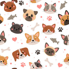 Cute pets pattern, different cats and dogs