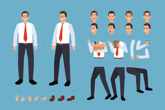 Businessman cartoon character for motion design with facial expressions, hand gestures, body and leg movement