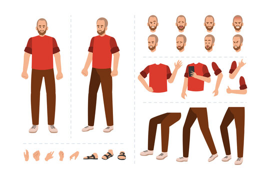 Man character with various facial expressions, hand gestures, body and leg movement. Cartoon character for motion animation