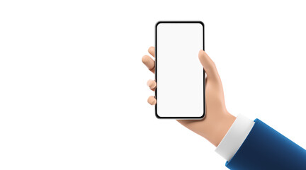Cartoon business man hand in suit holding smartphone with blank white screen isolated over white background.