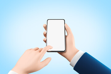Cartoon business man hand in suit  holding smartphone with blank white screen and push the screen over blue background.