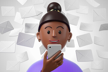 Cartoon black african american woman in violet shirt using smartphone with white falling mails on background.