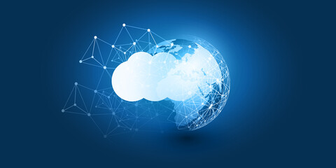 Obraz na płótnie Canvas Cloud Computing Design Concept - Digital Connections, Technology Background with Earth Globe and Geometric Network Mesh