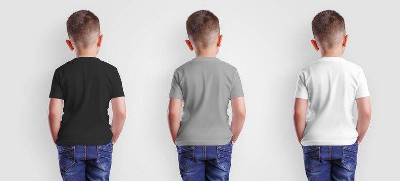 Mockup Of White, Gray, Black Baby Clothes On Junior, Back View, Blank Apparel On Boy For Design Presentation.