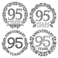 Ninety fifth anniversary emblems set. Patterned celebration signs in vintage style.